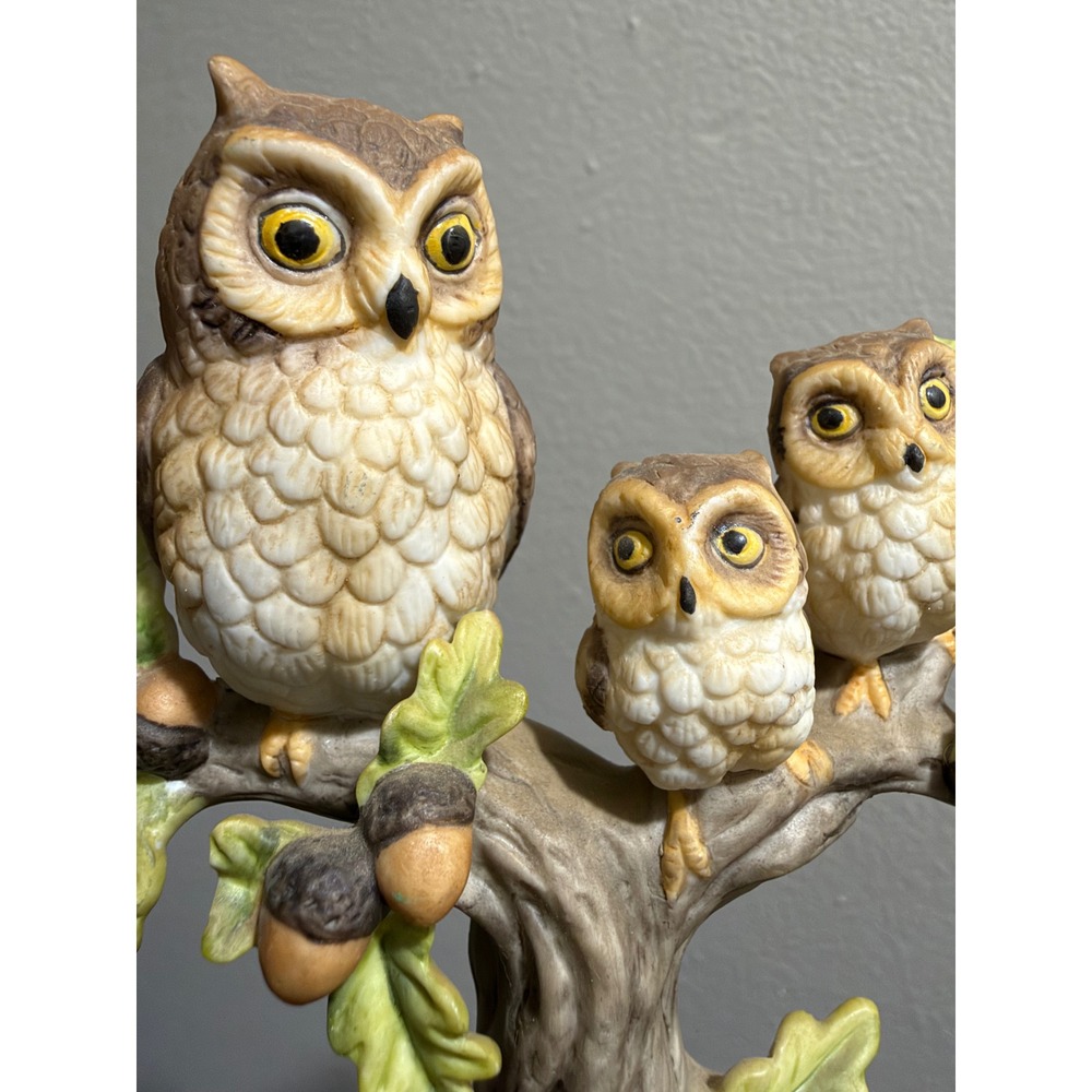 Vintage 1983 Enesco Owl Family Tree Figurine - Porcelain Mother & Baby Owls